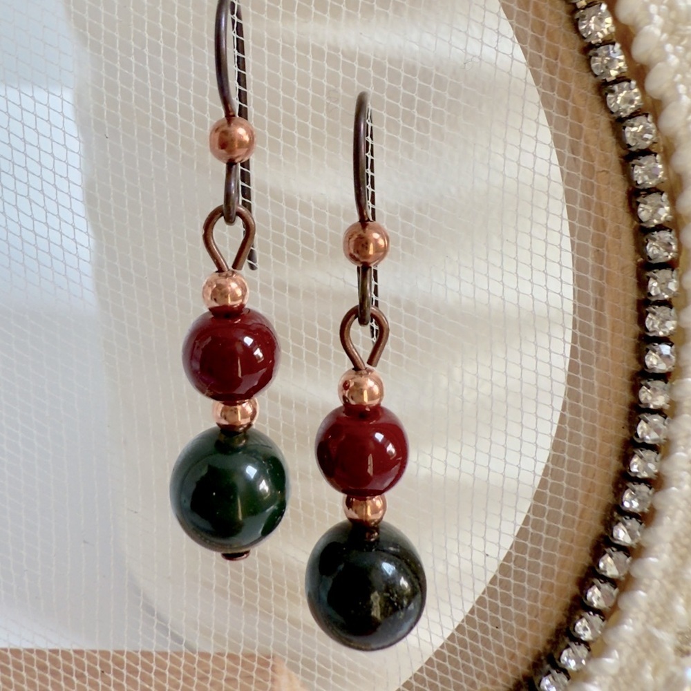 Green Jasper &  Red Beaded Dangle Copper Earrings